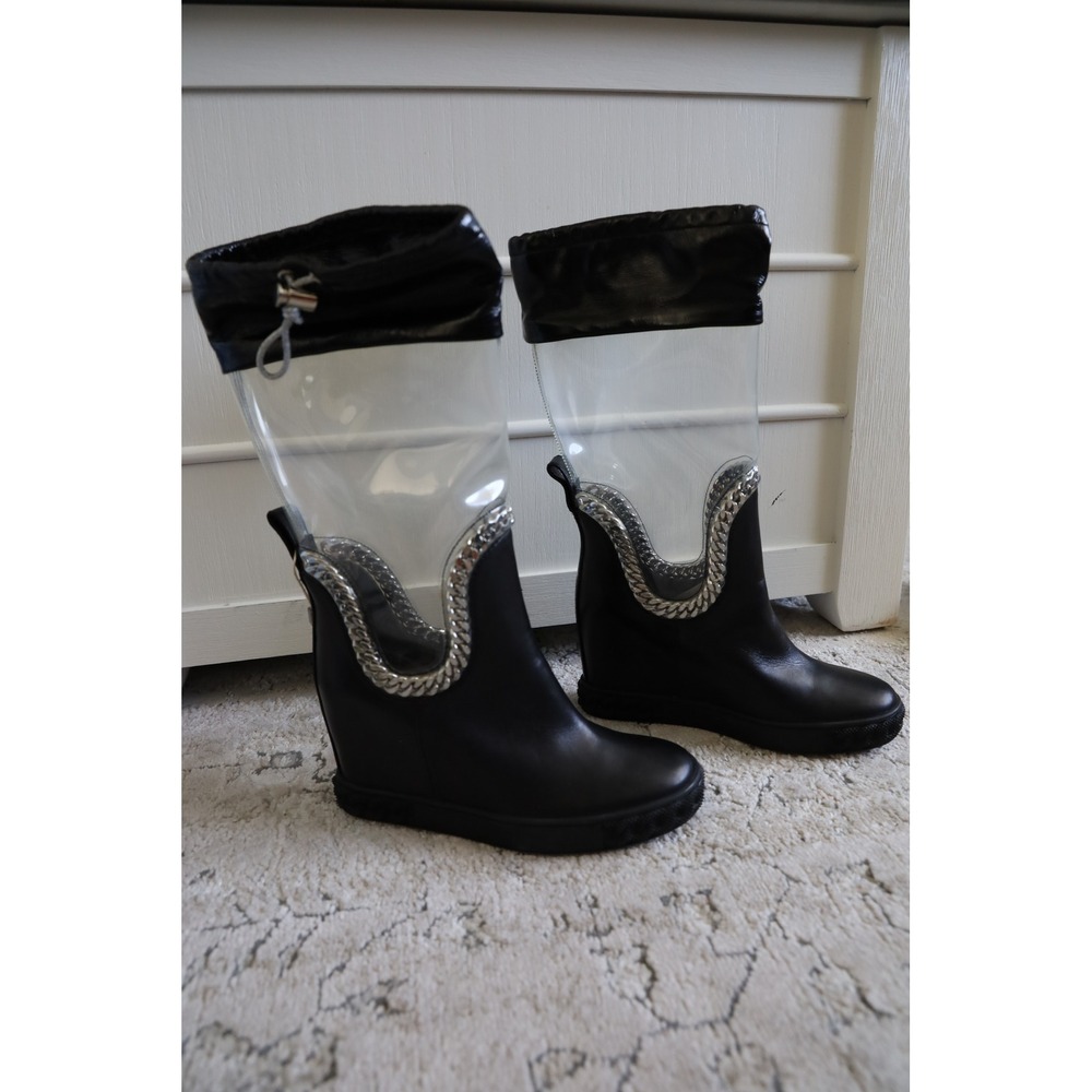 Casadei Black Leather Clear Tall Wedge Boots Womenโ EU 35